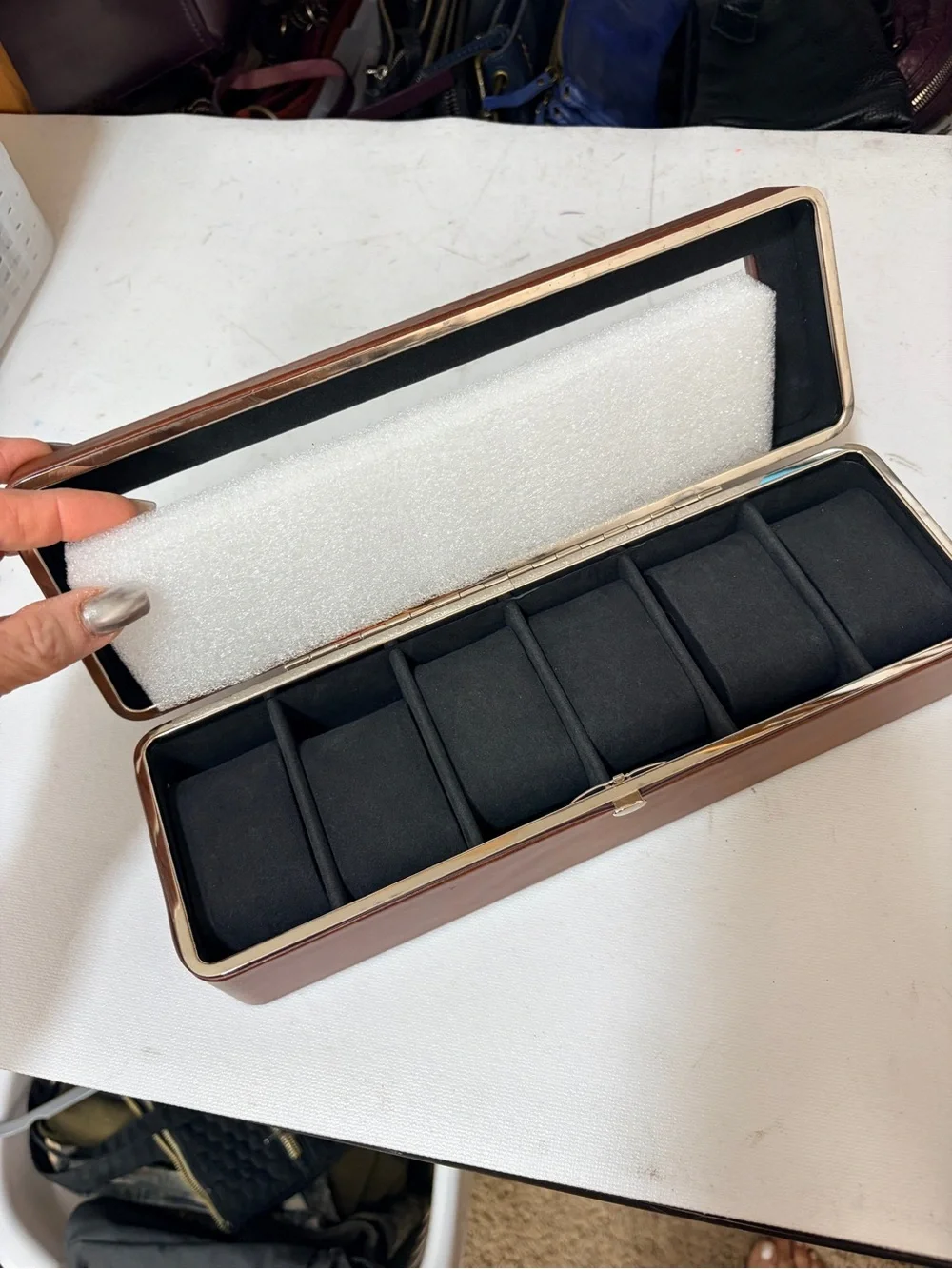 Brown Leather Watch Storage Case with Black Velvet Interior - 6 Watches